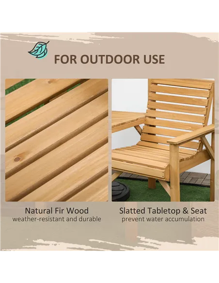 Outsunny Wooden Garden Love Seat, 2 Seater Jack & Jill Companion Seat with Coffee Table and Parasol Hole, Partner Bench, Table a