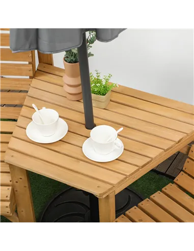 Outsunny Wooden Garden Love Seat, 2 Seater Jack & Jill Companion Seat with Coffee Table and Parasol Hole, Partner Bench, Table a