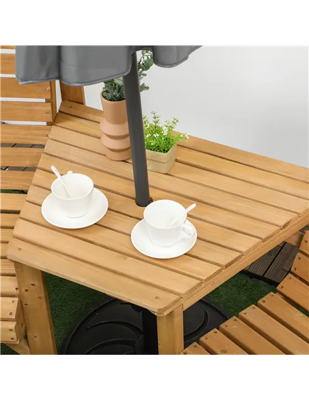 Outsunny Wooden Garden Love Seat, 2 Seater Jack & Jill Companion Seat with Coffee Table and Parasol Hole, Partner Bench, Table a