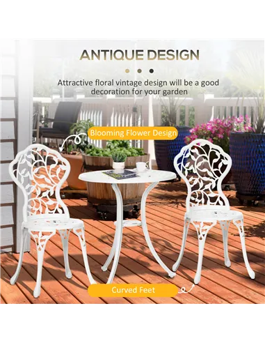 Outsunny 3 Pcs Aluminium Bistro Set Garden Furniture Dining Table Chairs Antique Outdoor Seat Patio Seater White