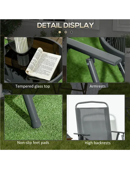 Outsunny Three-Piece Garden Seat Set, with Glass-Top Table - Dark Grey