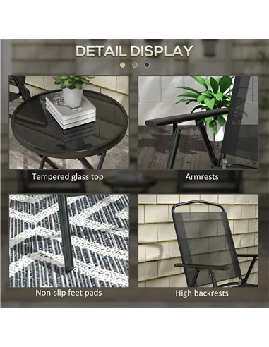 Outsunny Three-Piece Garden Seat Set, with Glass-Top Table - Black