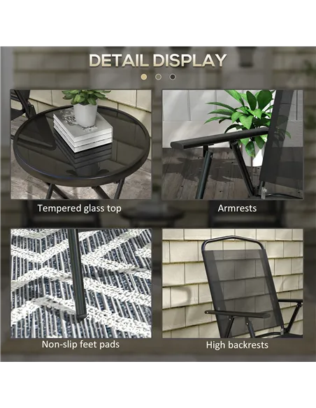 Outsunny Three-Piece Garden Seat Set, with Glass-Top Table - Black