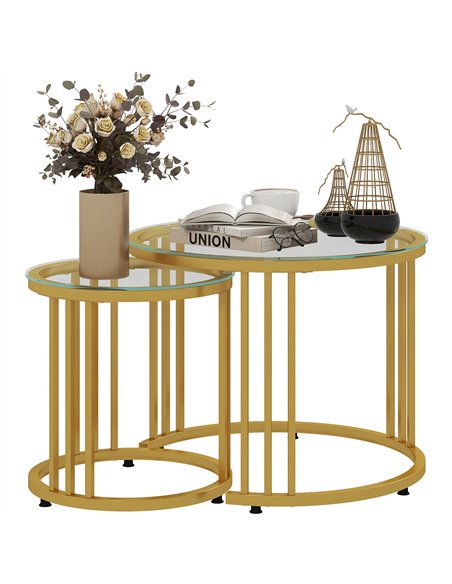 HOMCOM Round Coffee Tables Set of 2, Nesting Tables with Tempered Glass Top and Steel Frame, 60cmx60cmx47cm, Gold Tone