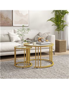 HOMCOM Round Coffee Tables Set of 2, Nesting Tables with Tempered Glass Top and Steel Frame, 60cmx60cmx47cm, Gold Tone 2