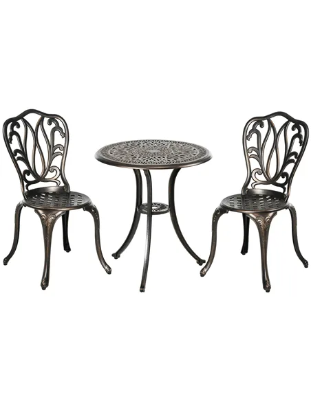 Outsunny 3 Piece Garden Bistro Set Aluminium Outdoor Furniture Set for 2 Patio Chairs and Table with Umbrella Hole Bronze Tone