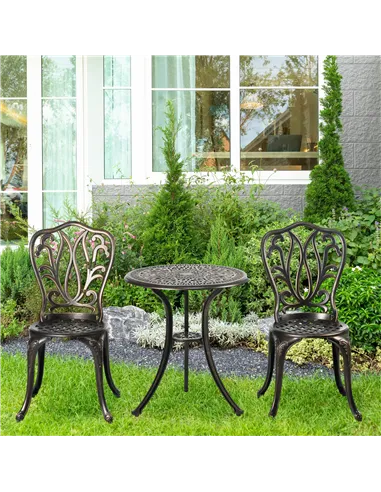 Outsunny 3 Piece Garden Bistro Set Aluminium Outdoor Furniture Set for 2 Patio Chairs and Table with Umbrella Hole Bronze Tone