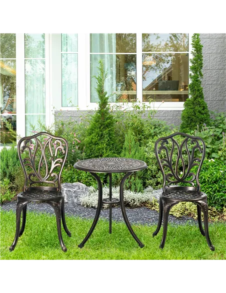 Outsunny 3 Piece Garden Bistro Set Aluminium Outdoor Furniture Set for 2 Patio Chairs and Table with Umbrella Hole Bronze Tone