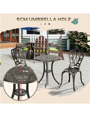Outsunny 3 Piece Garden Bistro Set Aluminium Outdoor Furniture Set for 2 Patio Chairs and Table with Umbrella Hole Bronze Tone