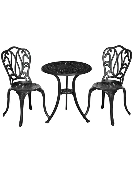 Outsunny 3 Piece Garden Bistro Set, Cast Aluminium Outdoor Furniture Set with Umbrella Hole for Balcony, Porch, Patio, Black