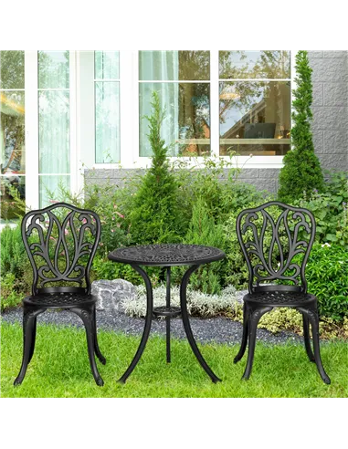 Outsunny 3 Piece Garden Bistro Set, Cast Aluminium Outdoor Furniture Set with Umbrella Hole for Balcony, Porch, Patio, Black