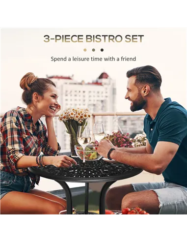 Outsunny 3 Piece Garden Bistro Set, Cast Aluminium Outdoor Furniture Set with Umbrella Hole for Balcony, Porch, Patio, Black