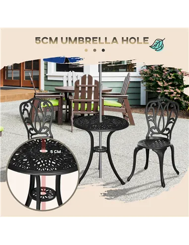 Outsunny 3 Piece Garden Bistro Set, Cast Aluminium Outdoor Furniture Set with Umbrella Hole for Balcony, Porch, Patio, Black