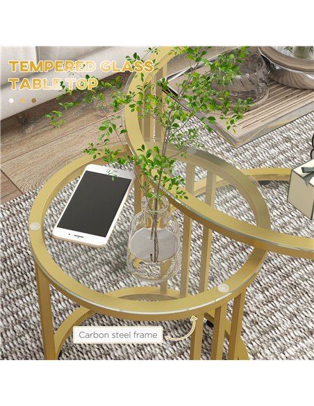 HOMCOM Round Coffee Tables Set of 2, Nesting Tables with Tempered Glass Top and Steel Frame, 60cmx60cmx47cm, Gold Tone