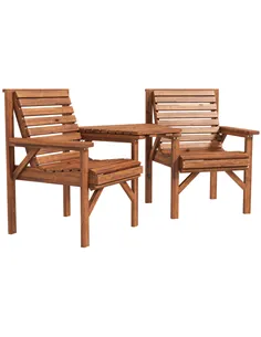 Outsunny Wooden Garden Love Seat w/ Coffee Table Umbrella Hole, Tan Brown
