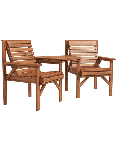 Outsunny Wooden Garden Love Seat w/ Coffee Table Umbrella Hole, Tan Brown