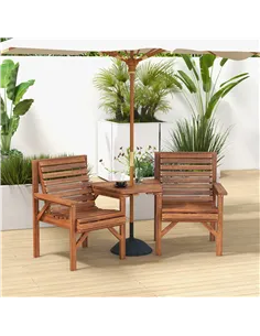Outsunny Wooden Garden Love Seat w/ Coffee Table Umbrella Hole, Tan Brown 2