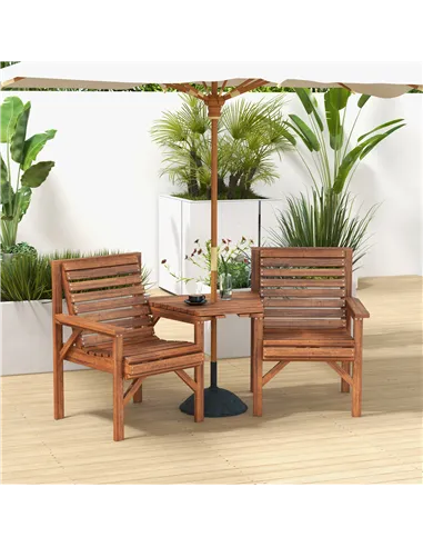 Outsunny Wooden Garden Love Seat w/ Coffee Table Umbrella Hole, Tan Brown
