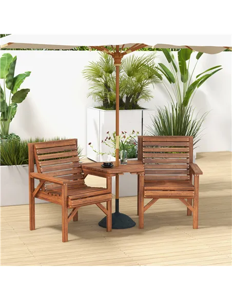 Outsunny Wooden Garden Love Seat w/ Coffee Table Umbrella Hole, Tan Brown