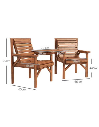 Outsunny Wooden Garden Love Seat w/ Coffee Table Umbrella Hole, Tan Brown