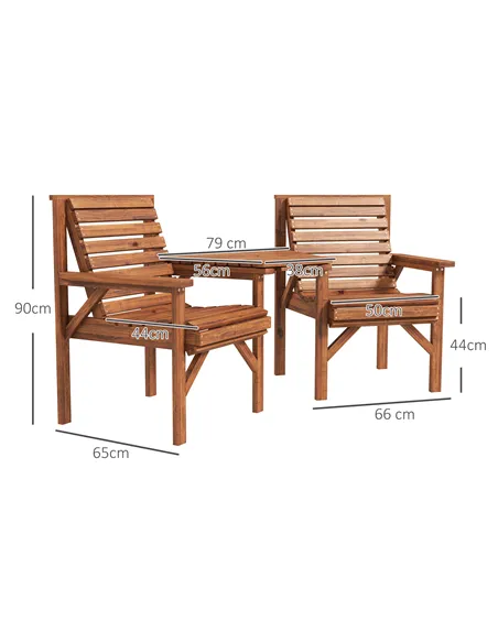 Outsunny Wooden Garden Love Seat w/ Coffee Table Umbrella Hole, Tan Brown