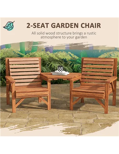 Outsunny Wooden Garden Love Seat w/ Coffee Table Umbrella Hole, Tan Brown