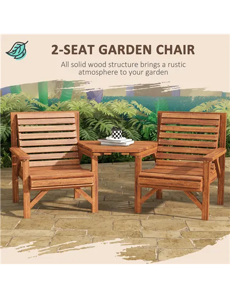 Outsunny Wooden Garden Love Seat w/ Coffee Table Umbrella Hole, Tan Brown