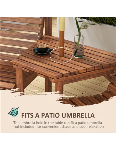 Outsunny Wooden Garden Love Seat w/ Coffee Table Umbrella Hole, Tan Brown
