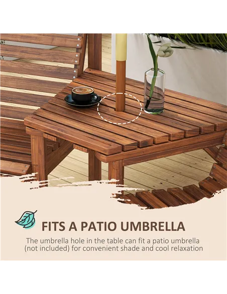 Outsunny Wooden Garden Love Seat w/ Coffee Table Umbrella Hole, Tan Brown
