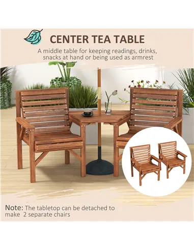 Outsunny Wooden Garden Love Seat w/ Coffee Table Umbrella Hole, Tan Brown