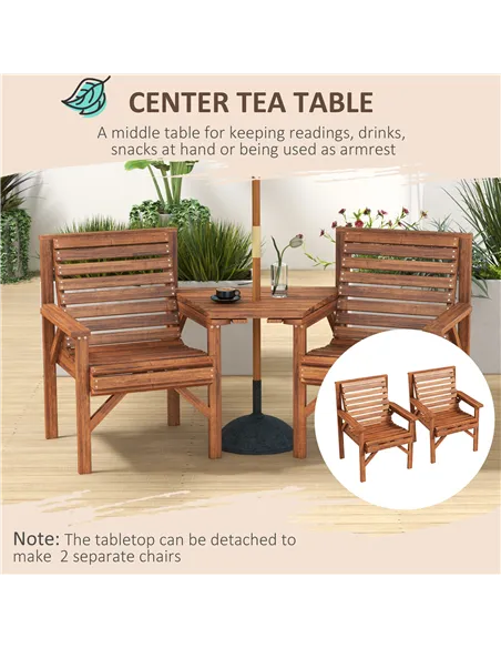Outsunny Wooden Garden Love Seat w/ Coffee Table Umbrella Hole, Tan Brown