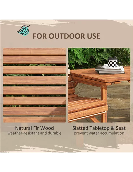 Outsunny Wooden Garden Love Seat w/ Coffee Table Umbrella Hole, Tan Brown