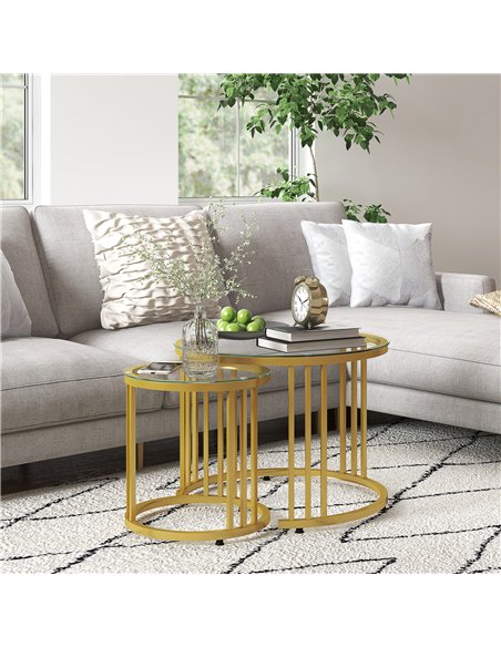 HOMCOM Round Coffee Tables Set of 2, Nesting Tables with Tempered Glass Top and Steel Frame, 60cmx60cmx47cm, Gold Tone