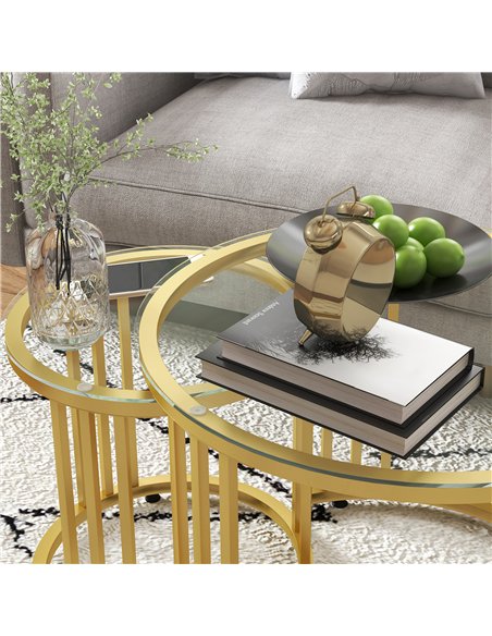 HOMCOM Round Coffee Tables Set of 2, Nesting Tables with Tempered Glass Top and Steel Frame, 60cmx60cmx47cm, Gold Tone
