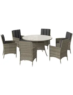 Outsunny Seven-Piece Rattan Dining Table, with Round Glass-Top Table - Light Grey