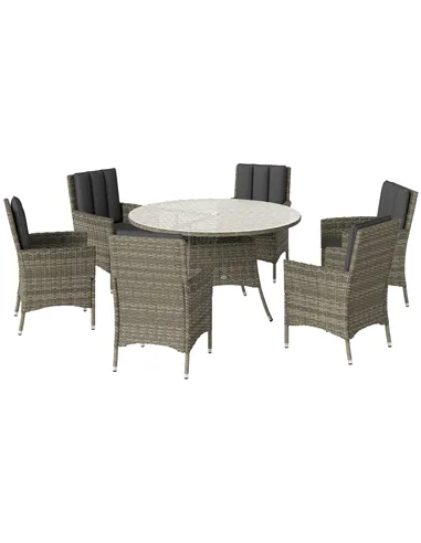 Outsunny Seven-Piece Rattan Dining Table, with Round Glass-Top Table - Light Grey