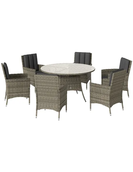 Outsunny Seven-Piece Rattan Dining Table, with Round Glass-Top Table - Light Grey