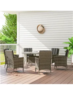 Outsunny Seven-Piece Rattan Dining Table, with Round Glass-Top Table - Light Grey 2