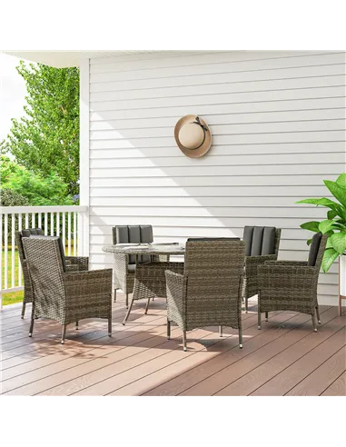 Outsunny Seven-Piece Rattan Dining Table, with Round Glass-Top Table - Light Grey