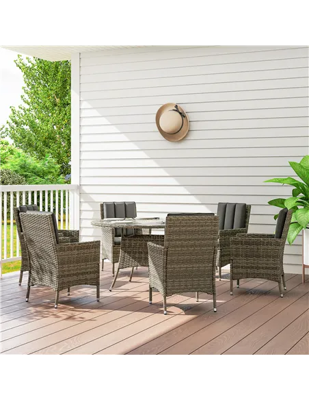 Outsunny Seven-Piece Rattan Dining Table, with Round Glass-Top Table - Light Grey