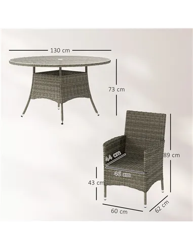 Outsunny Seven-Piece Rattan Dining Table, with Round Glass-Top Table - Light Grey