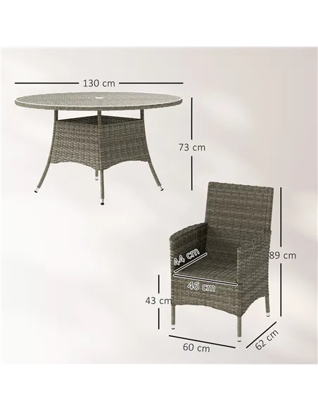 Outsunny Seven-Piece Rattan Dining Table, with Round Glass-Top Table - Light Grey