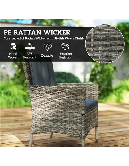 Outsunny Seven-Piece Rattan Dining Table, with Round Glass-Top Table - Light Grey