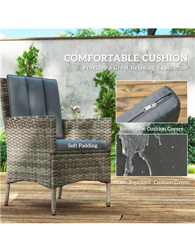 Outsunny Seven-Piece Rattan Dining Table, with Round Glass-Top Table - Light Grey