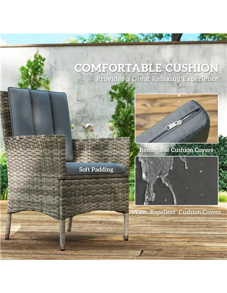 Outsunny Seven-Piece Rattan Dining Table, with Round Glass-Top Table - Light Grey