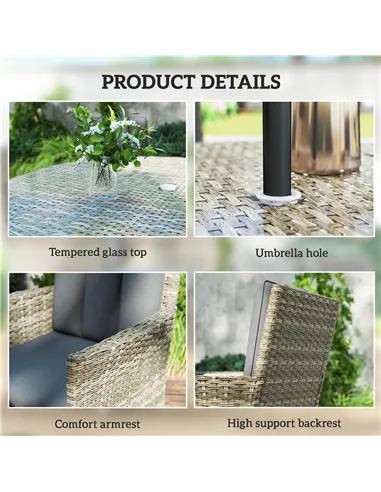 Outsunny Seven-Piece Rattan Dining Table, with Round Glass-Top Table - Light Grey