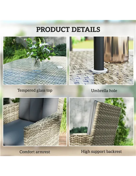 Outsunny Seven-Piece Rattan Dining Table, with Round Glass-Top Table - Light Grey