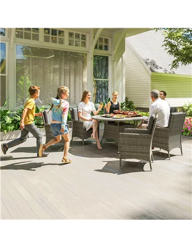 Outsunny Seven-Piece Rattan Dining Table, with Round Glass-Top Table - Light Grey