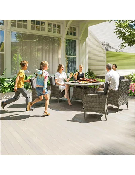 Outsunny Seven-Piece Rattan Dining Table, with Round Glass-Top Table - Light Grey