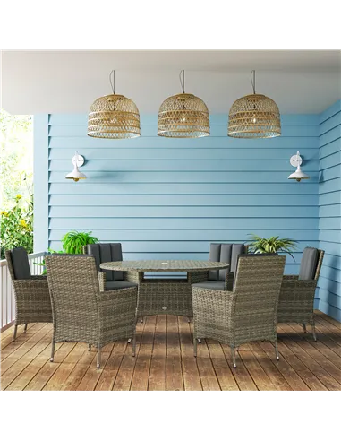 Outsunny Seven-Piece Rattan Dining Table, with Round Glass-Top Table - Light Grey